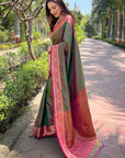 Green Soft Kashmiri Silk Zari Woven Contrast Saree