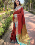 Red Soft Kashmiri Silk Zari Woven Contrast Saree