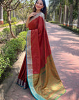 Red Soft Kashmiri Silk Zari Woven Contrast Saree