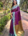 Purple Soft Kashmiri Silk Zari Woven Contrast Saree