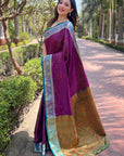 Purple Soft Kashmiri Silk Zari Woven Contrast Saree