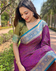 Purple Soft Kashmiri Silk Zari Woven Contrast Saree