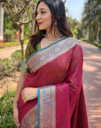 Pink Soft Kashmiri Silk Zari Woven Contrast Saree