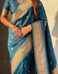 Denim Blue Peacock Paithani Zari Woven Saree