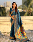 Denim Blue Peacock Paithani Zari Woven Saree
