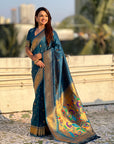 Denim Blue Peacock Paithani Zari Woven Saree