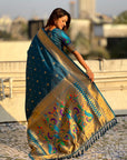 Denim Blue Peacock Paithani Zari Woven Saree