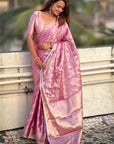 Pink Kanjivaram Soft Tissue Silk Leheriya Traditional Zari Woven Saree