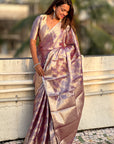 Lavender Kanjivaram Soft Tissue Silk Leheriya Traditional Zari Woven Saree