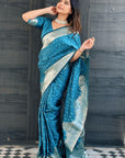 Butterfly Blue Banarasi Satin Silk Zari Woven Saree