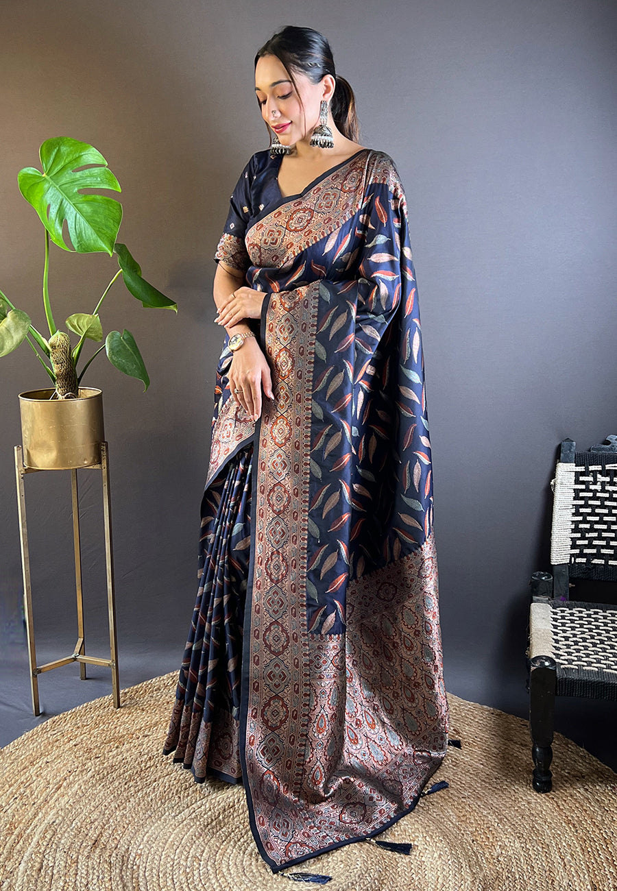 Navy Blue Soft Silk Paan Triple Zari Woven Saree