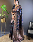 Navy Blue Soft Silk Paan Triple Zari Woven Saree