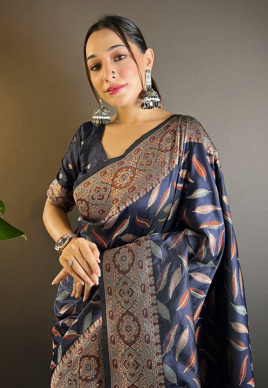 Navy Blue Soft Silk Paan Triple Zari Woven Saree