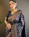 Navy Blue Soft Silk Paan Triple Zari Woven Saree