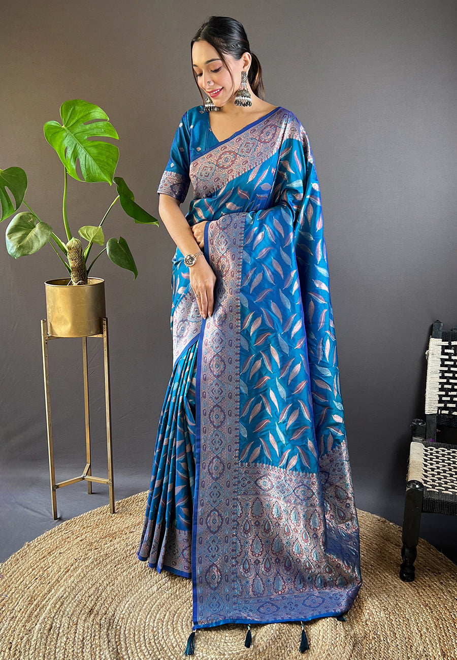 Denim Blue Soft Silk Paan Triple Zari Woven Saree