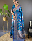 Denim Blue Soft Silk Paan Triple Zari Woven Saree