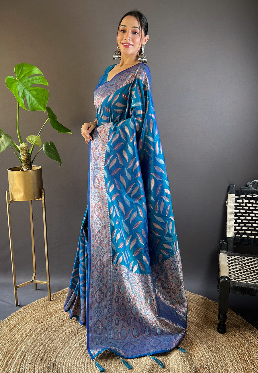 Denim Blue Soft Silk Paan Triple Zari Woven Saree