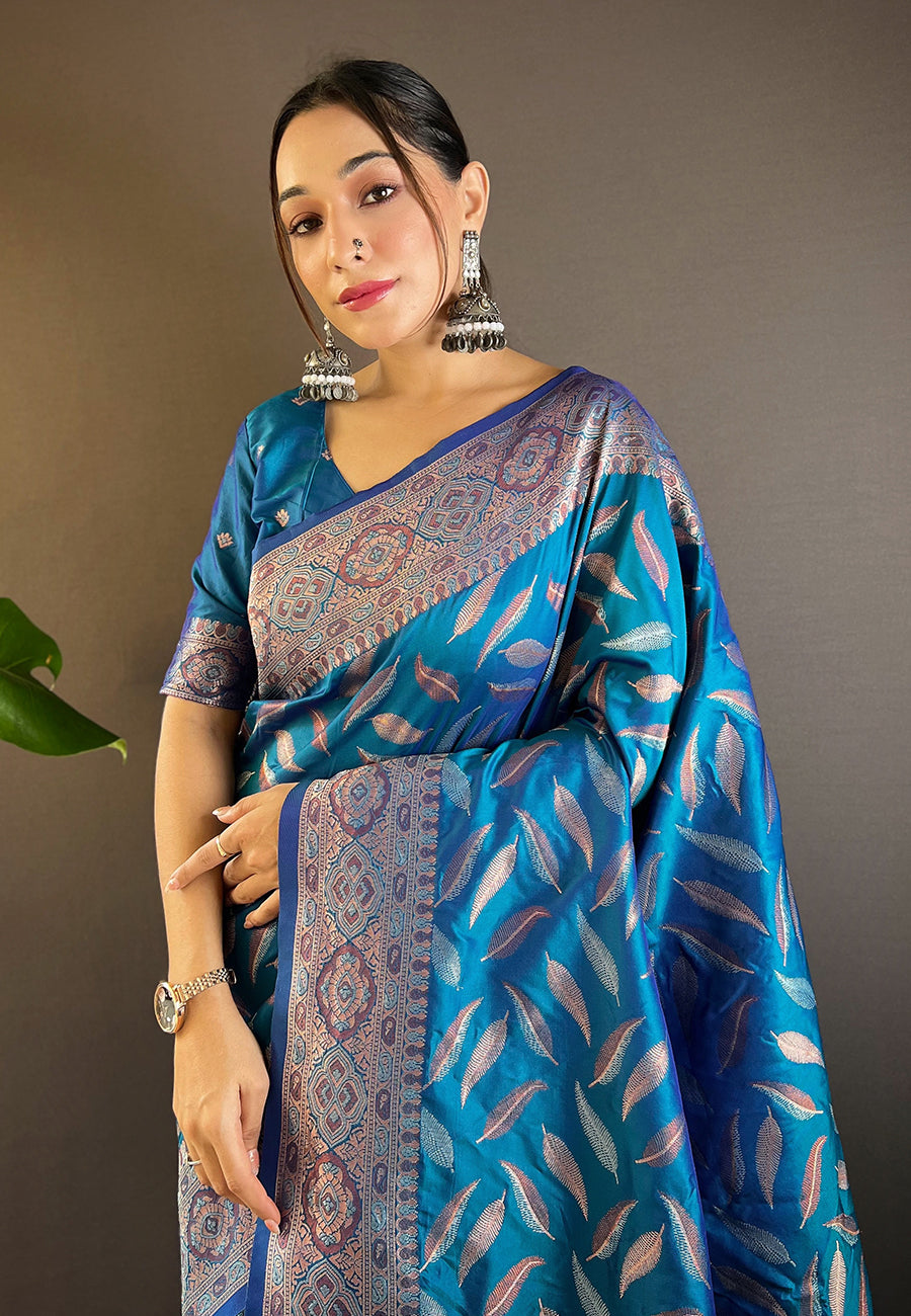 Denim Blue Soft Silk Paan Triple Zari Woven Saree