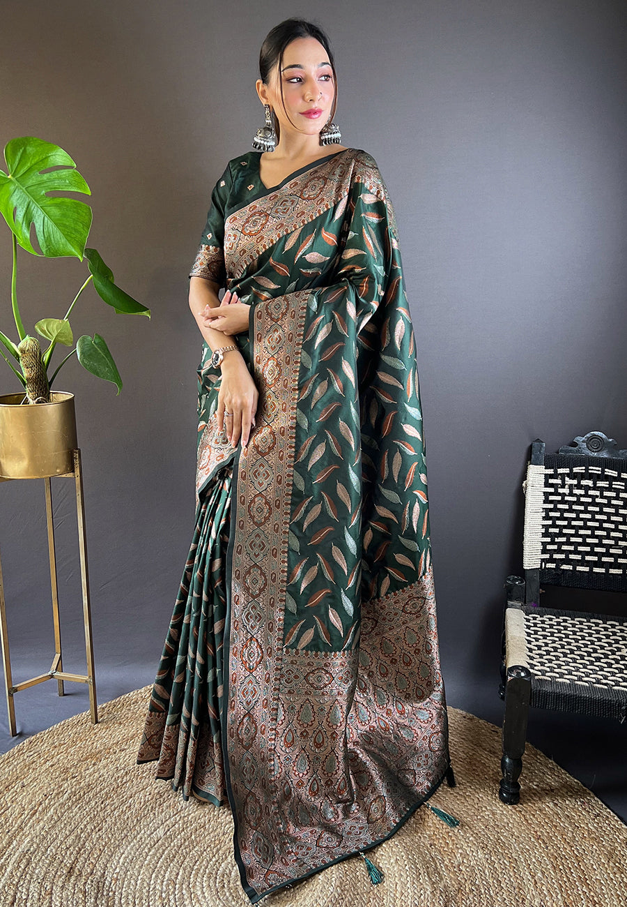 Bottle Green Soft Silk Paan Triple Zari Woven Saree