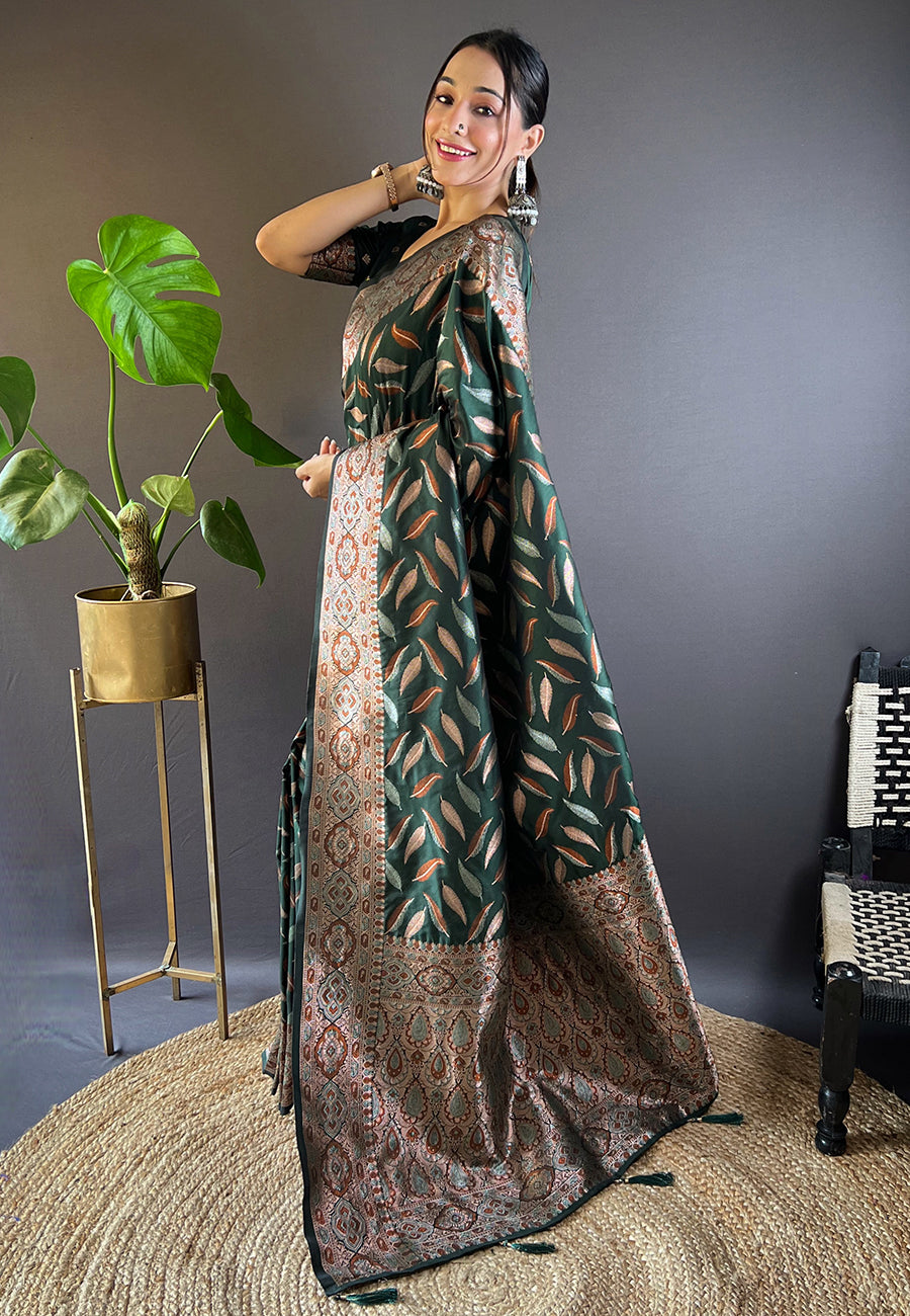 Bottle Green Soft Silk Paan Triple Zari Woven Saree