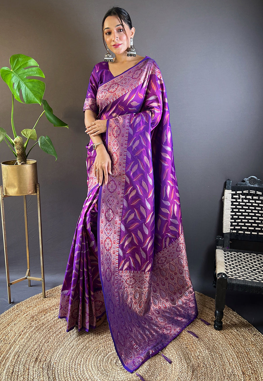 Purple Soft Silk Paan Triple Zari Woven Saree