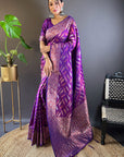 Purple Soft Silk Paan Triple Zari Woven Saree