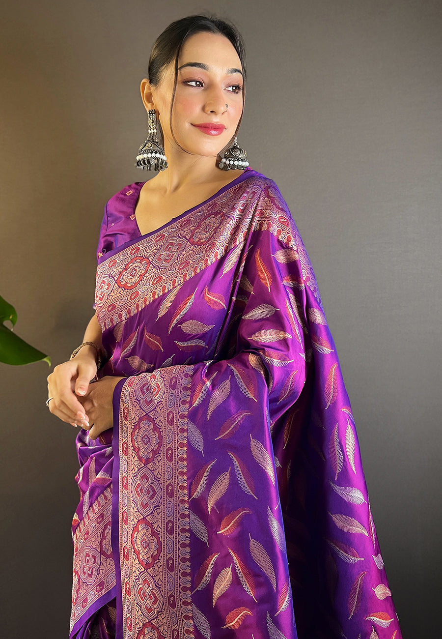 Purple Soft Silk Paan Triple Zari Woven Saree