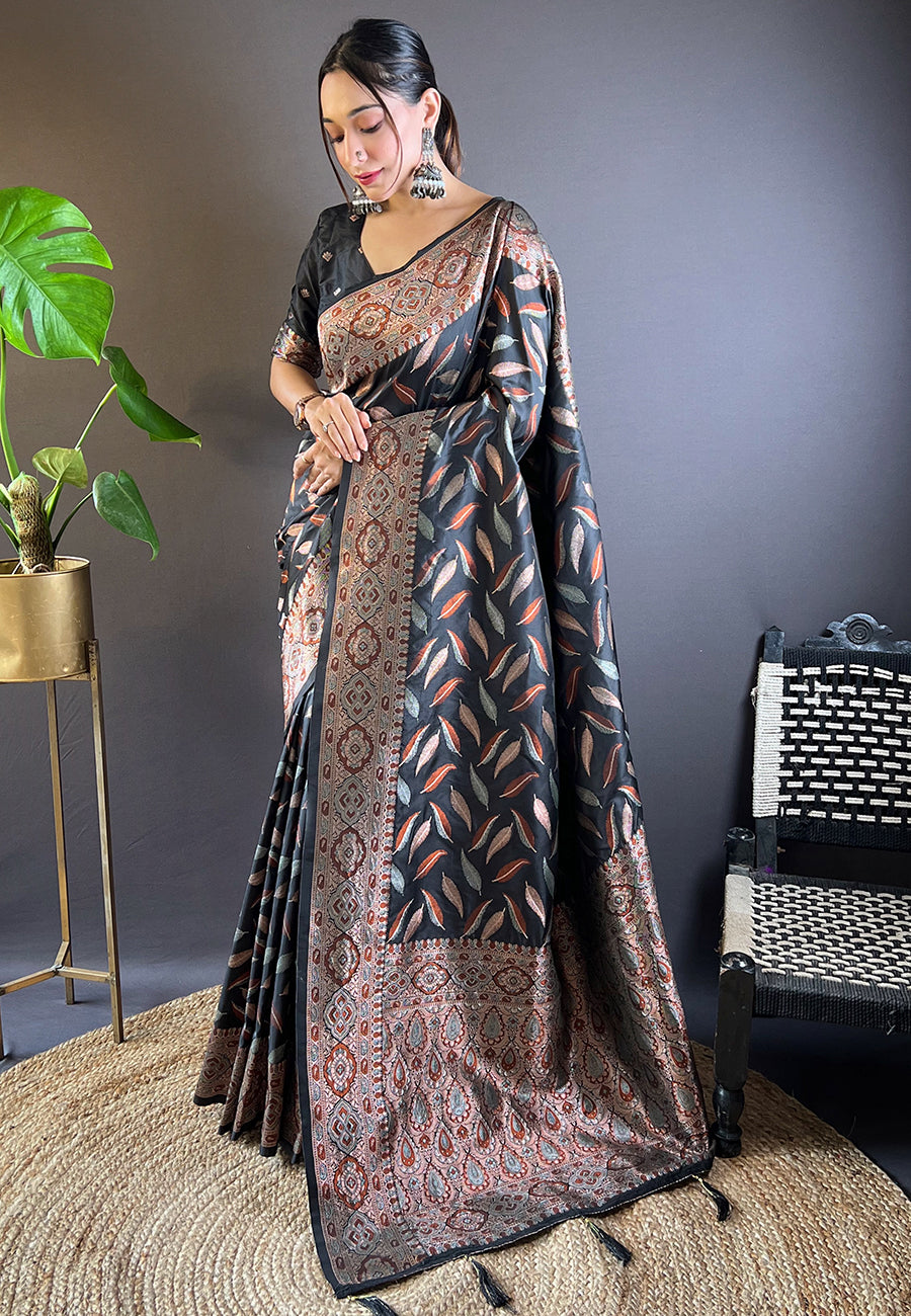 Black Soft Silk Paan Triple Zari Woven Saree