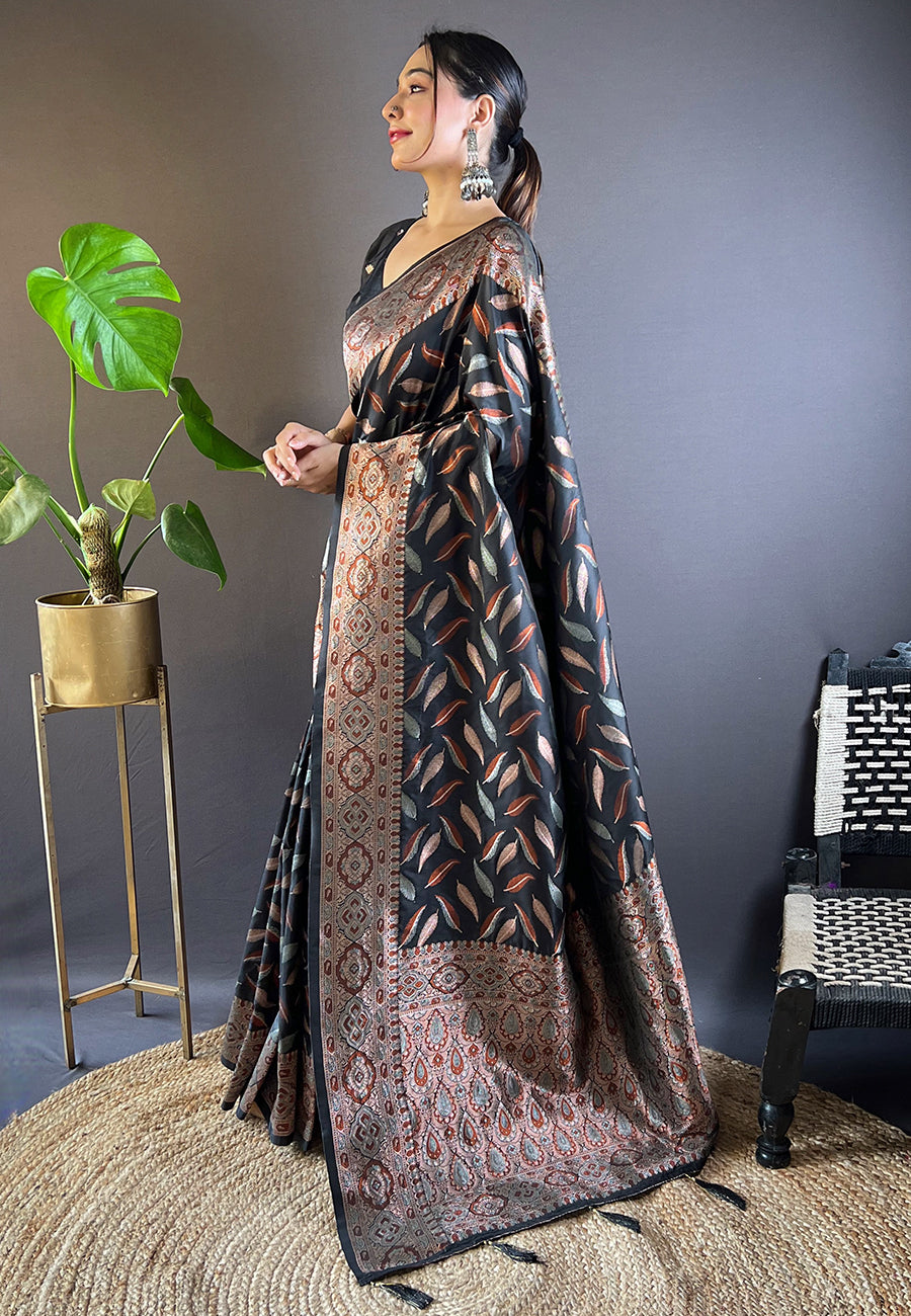 Black Soft Silk Paan Triple Zari Woven Saree