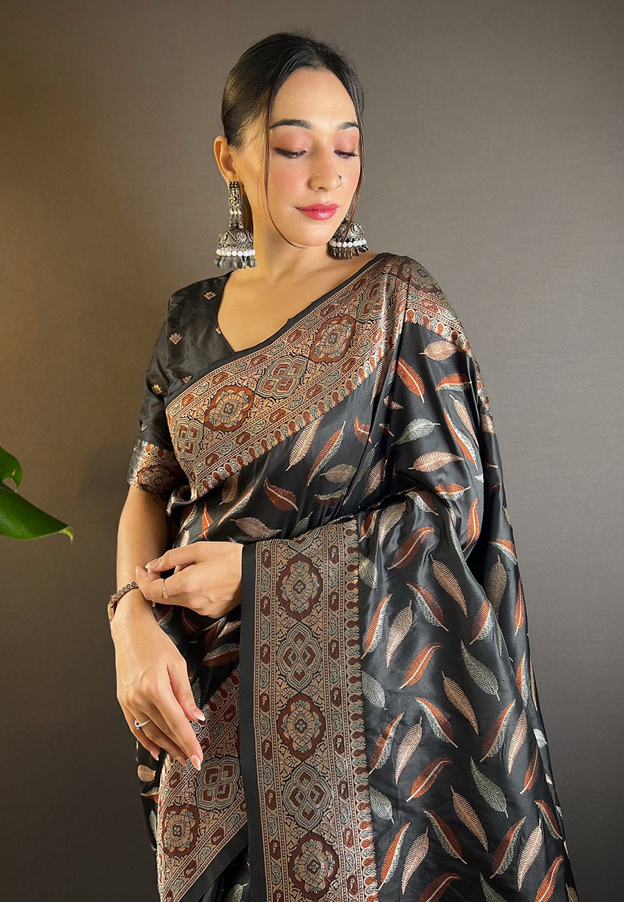 Black Soft Silk Paan Triple Zari Woven Saree