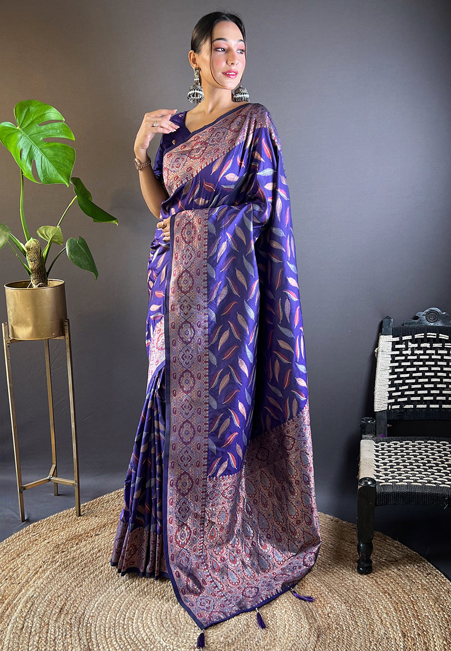 Violet Soft Silk Paan Triple Zari Woven Saree