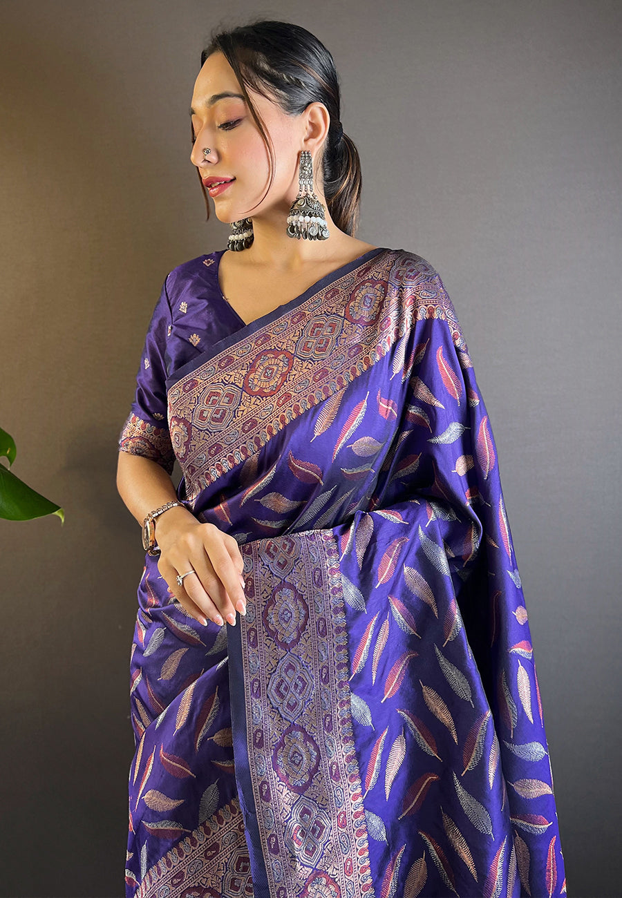 Violet Soft Silk Paan Triple Zari Woven Saree