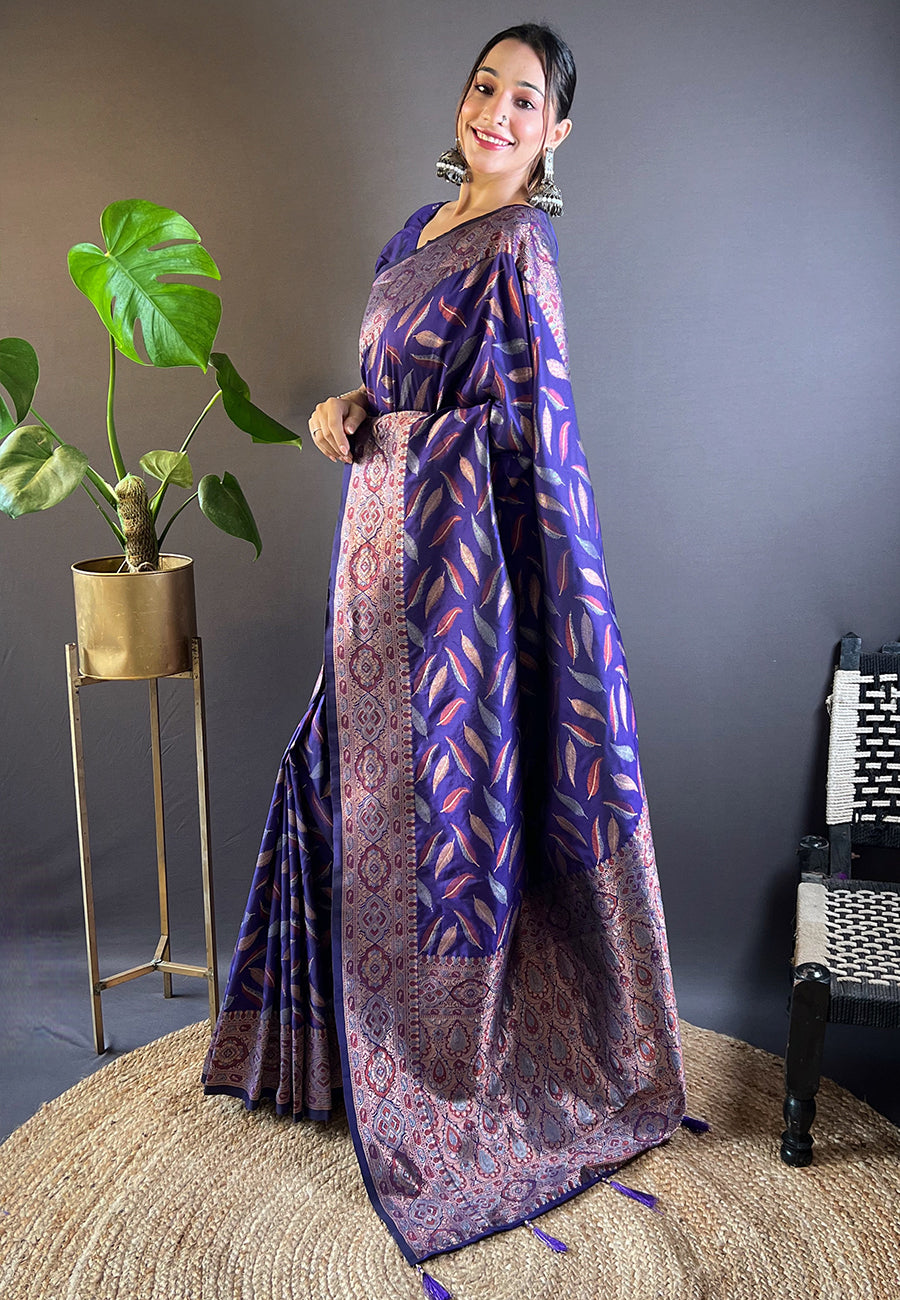 Violet Soft Silk Paan Triple Zari Woven Saree