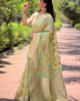 Mint Green Organza Meenakari Floral Jaal Zari Woven Saree