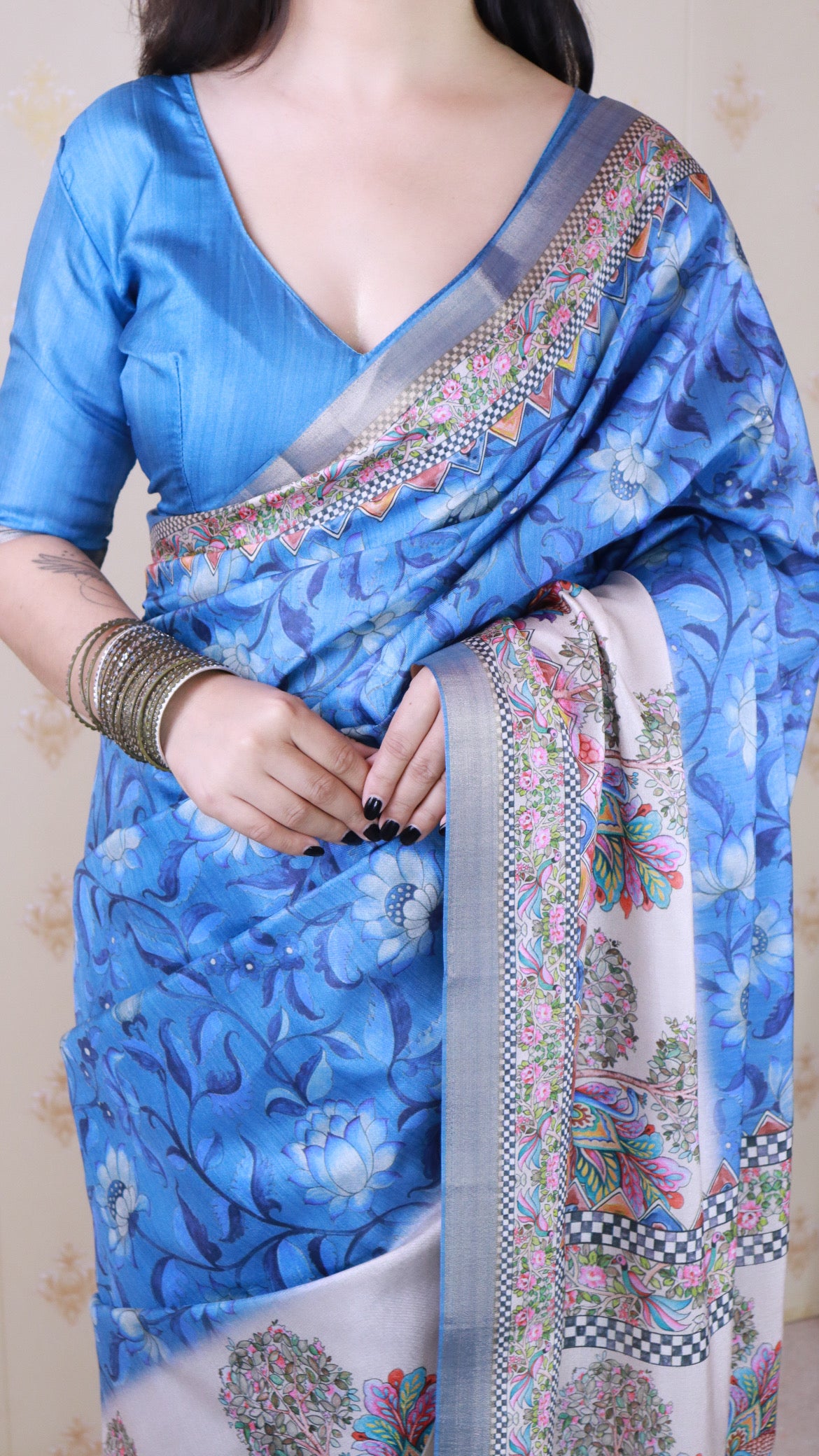 Royal Blue Tussar Silk Floral Madhubani Fusion Printed Saree with Zari Woven Border
