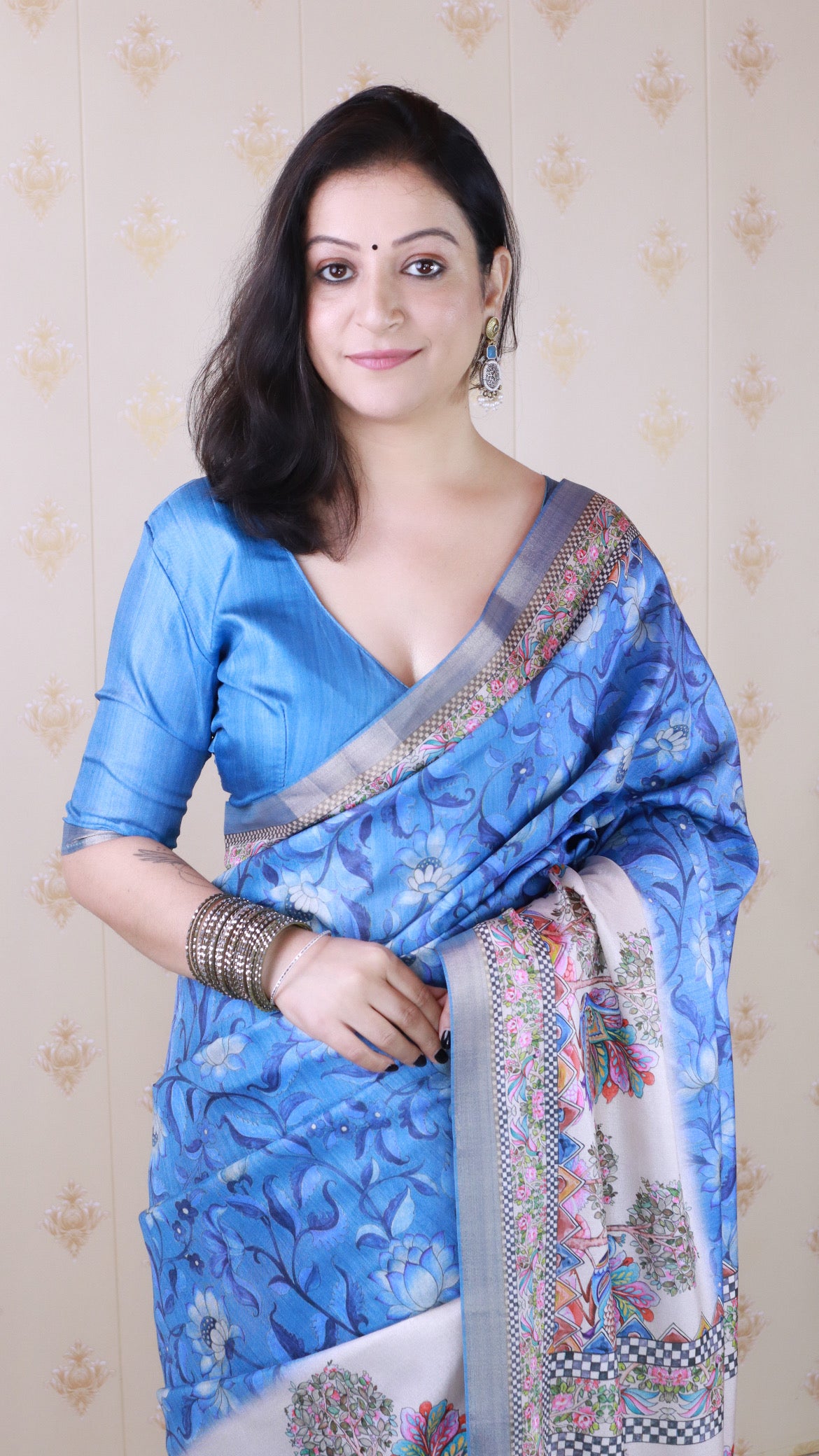 Royal Blue Tussar Silk Floral Madhubani Fusion Printed Saree with Zari Woven Border