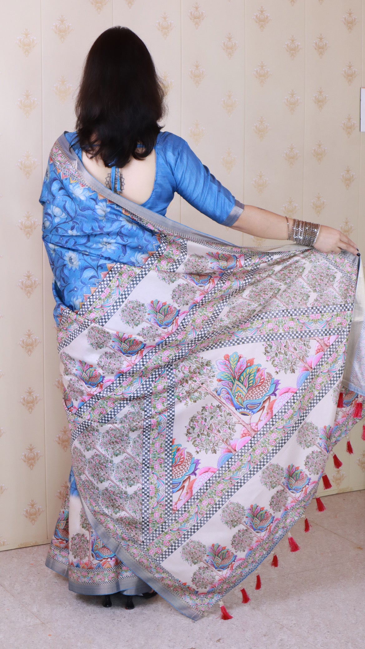 Royal Blue Tussar Silk Floral Madhubani Fusion Printed Saree with Zari Woven Border