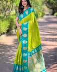 Parrot Green Soft Silk Contrast Zari Woven Saree