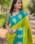 Parrot Green Soft Silk Contrast Zari Woven Saree