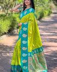 Parrot Green Soft Silk Contrast Zari Woven Saree