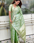 Green Kanjivaram Soft Tissue Silk Leheriya Traditional Zari Woven Saree