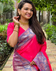 Hot Pink Soft Silk Floral Border Contrast Zari Woven Saree