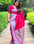 Hot Pink Soft Silk Floral Border Contrast Zari Woven Saree