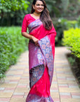 Hot Pink Soft Silk Floral Border Contrast Zari Woven Saree