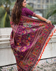 Wine Pashmina Kashmiri Silk Zari Woven Saree