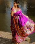 Saloni in our Purple Paithani Silk Saree with Half Half Concept Big Border Zari Woven Saree