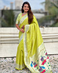 Green Zari Woven Peacock Lotus Paithani Silk Saree