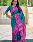 Green with Pink Soft Silk Floral Border Contrast Zari Woven Saree