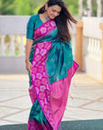 Green with Pink Soft Silk Floral Border Contrast Zari Woven Saree