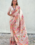 Cream Pashmina Kashmiri Silk Zari Woven Saree